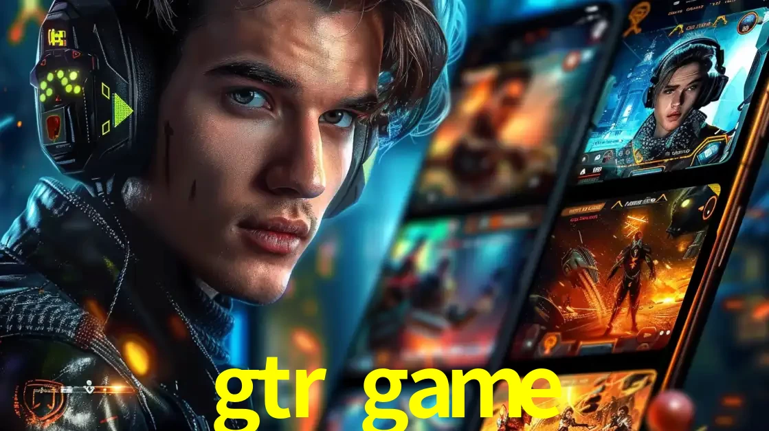 Jovem jogador com fones de ouvido olhando para a câmera, com um aplicativo de jogos e e-sports para celular ao fundo, pronto para a competição e apostas no gtr game.