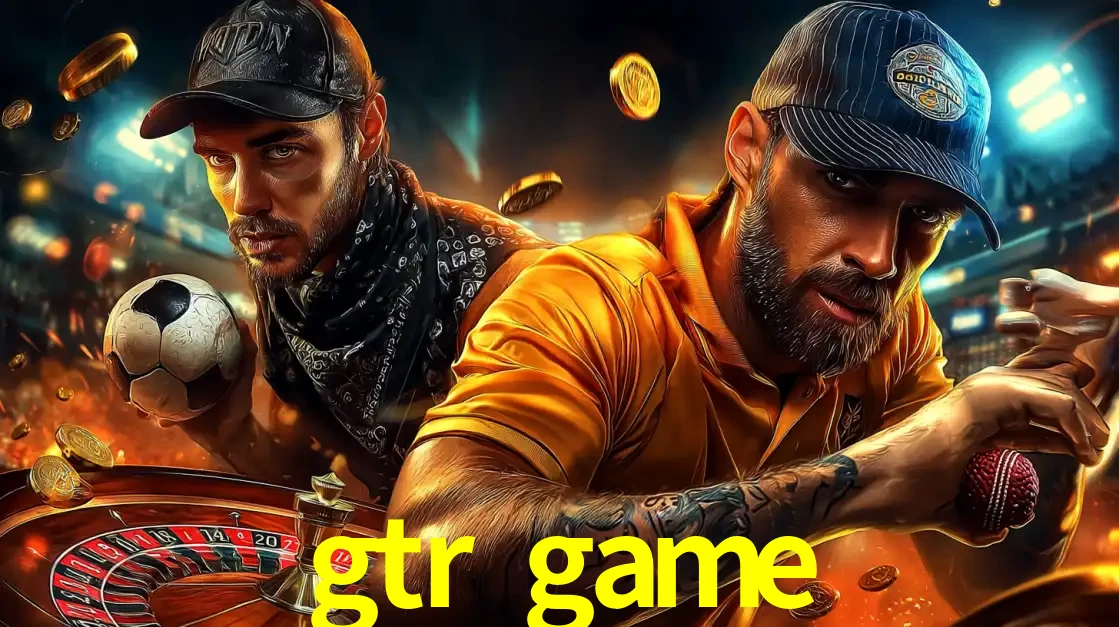 Montagem de apostas esportivas e cassino no gtr game, com um homem segurando uma bola de futebol e outro uma de beisebol sobre uma roleta e moedas voadoras.