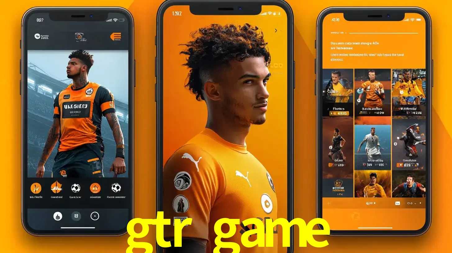 Interface do aplicativo de apostas esportivas gtr game em três telas de celular, mostrando o perfil de um jogador de futebol e a lista de jogos disponíveis para apostar.