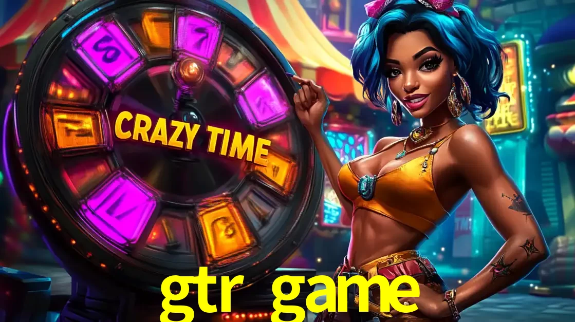 Mulher estilizada com cabelo azul e visual vibrante posando ao lado da roda de prêmios do game show Crazy Time, convidando para a diversão e os bônus do cassino gtr game.