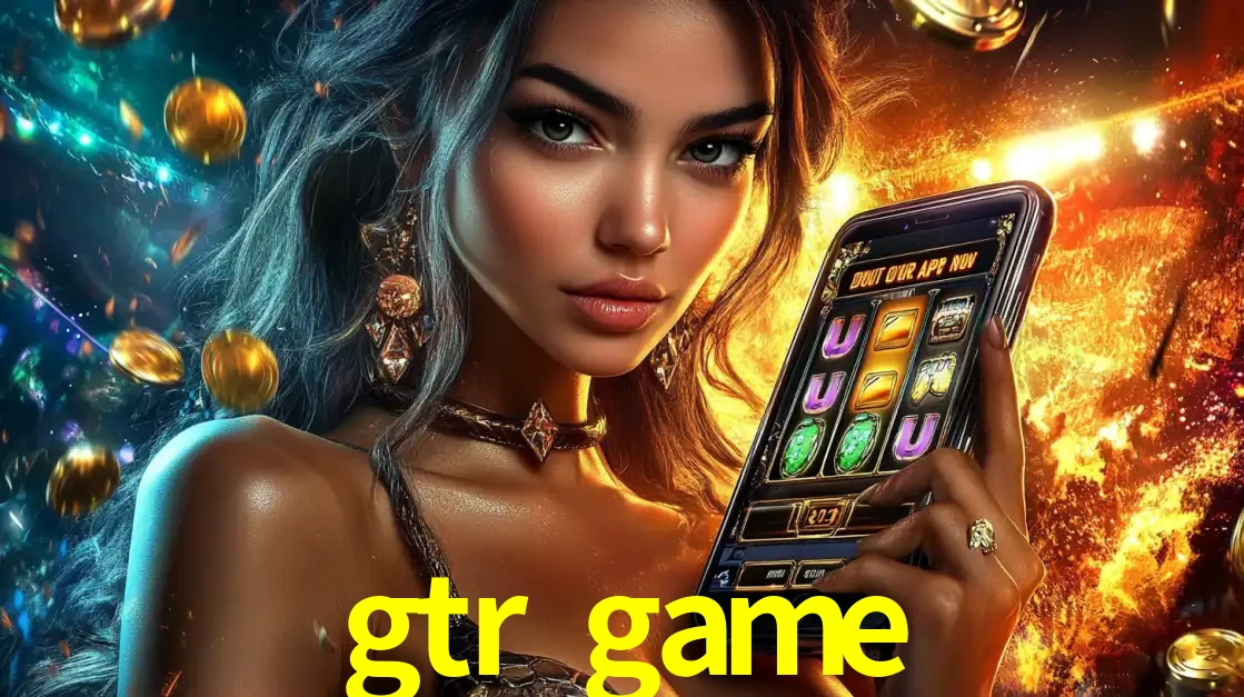 Mulher elegante mostrando um jogo de caça-níqueis em seu smartphone, destacando a experiência de cassino móvel oferecida pelo aplicativo gtr game.