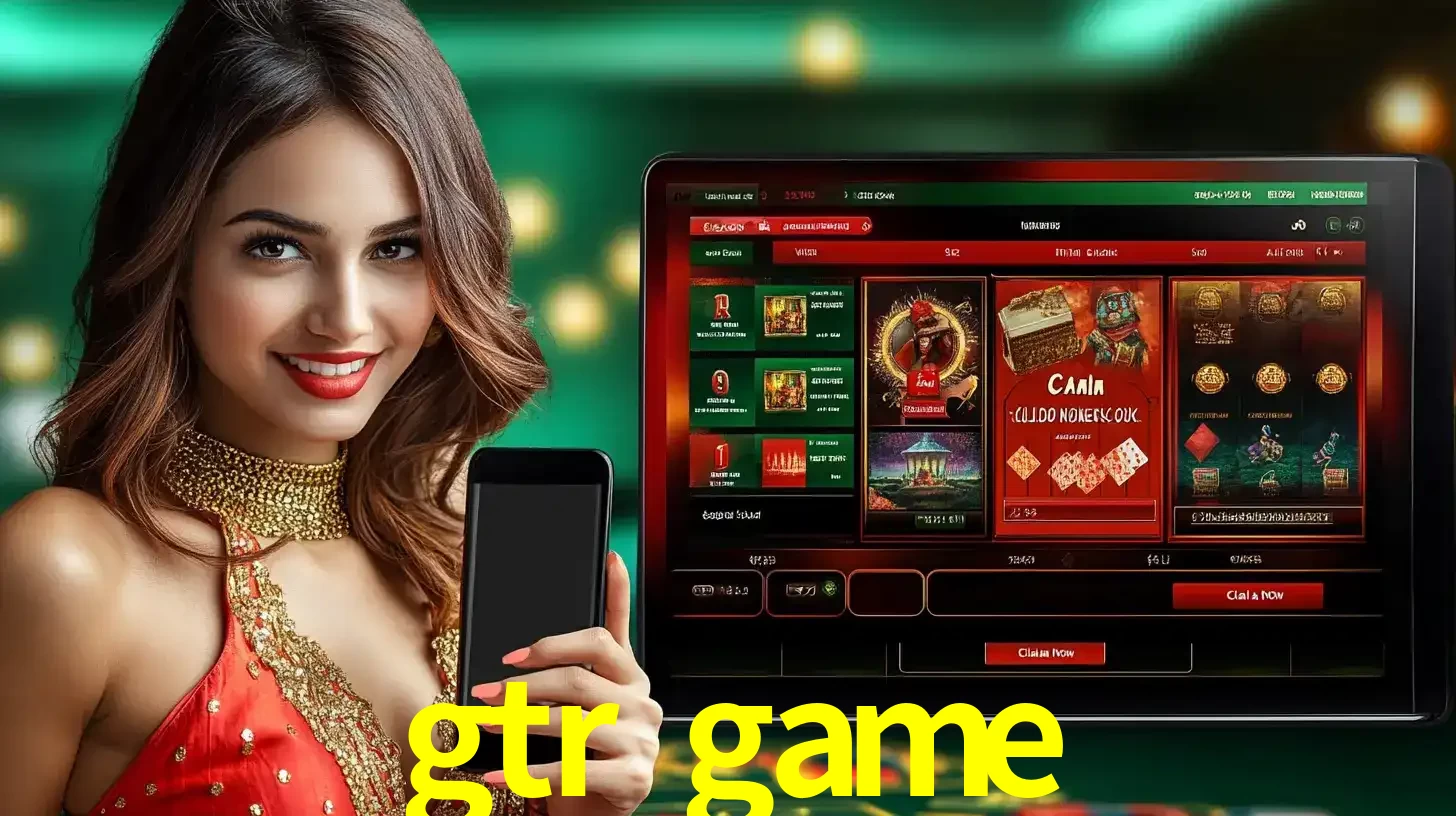 Mulher sorridente segurando um smartphone, ao lado de uma tela exibindo o lobby de jogos do cassino online gtr game, com várias opções de jogos de cartas e slots.